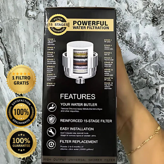 FILTRO DE DUCHA 18 NIVELES + REPUESTO GRATIS – 6 MESES DE GARANTIA